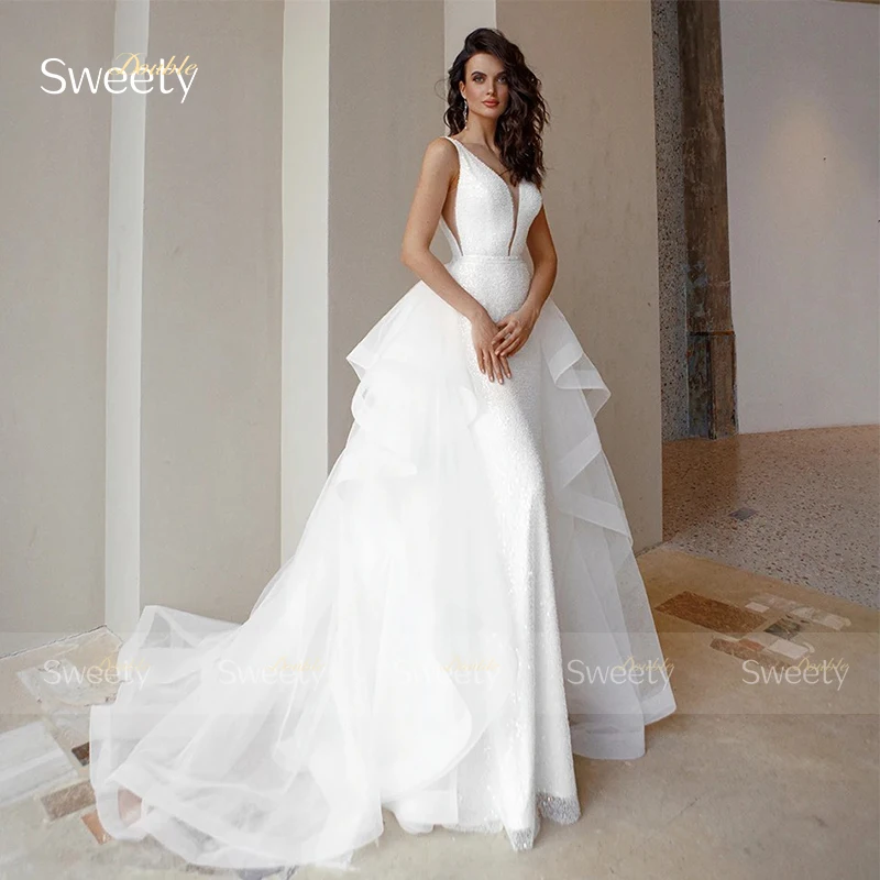 

Elegant Detachable Train Wedding Dress Tulle With Embroidery Bead Mermaid Ballgown Sleeveless V-Neck Customized Vestido De Novia