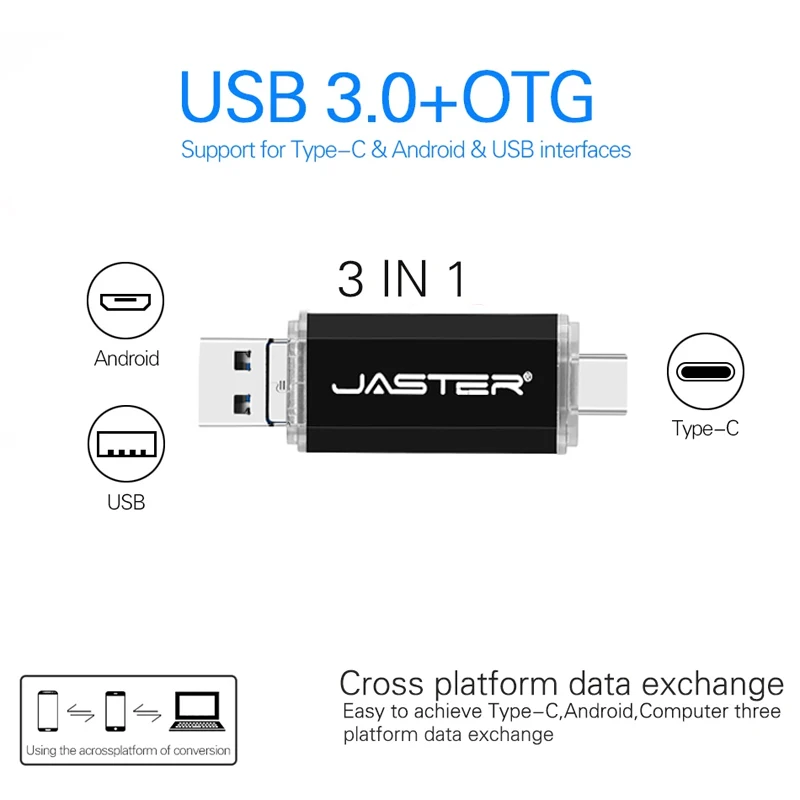 JASTER 3 IN 1 High Speed OTG USB Flash Drive TYPE C Pen Drive 512GB 256GB 128GB 64GB 32GB Pendrive USB 3.0 Memory Stick