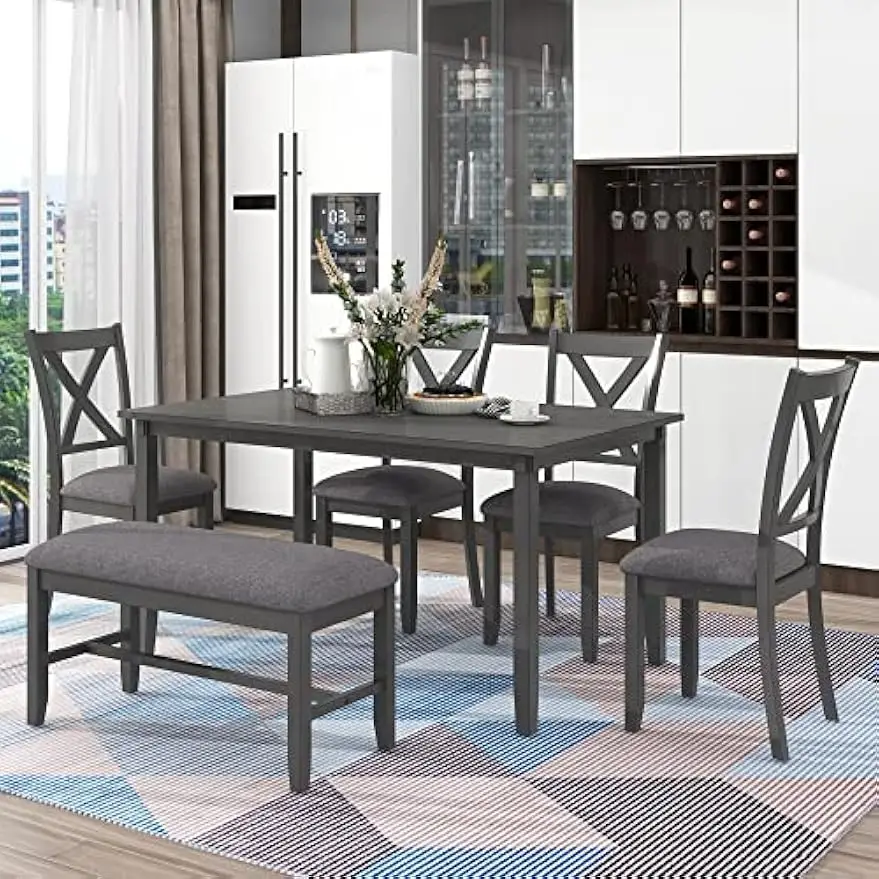 6 Piece Dining Table Set, Wood Dining Dinette Table and 4 Chairs with 1 Bench with Cushion, Rustic Style Kitchen Table