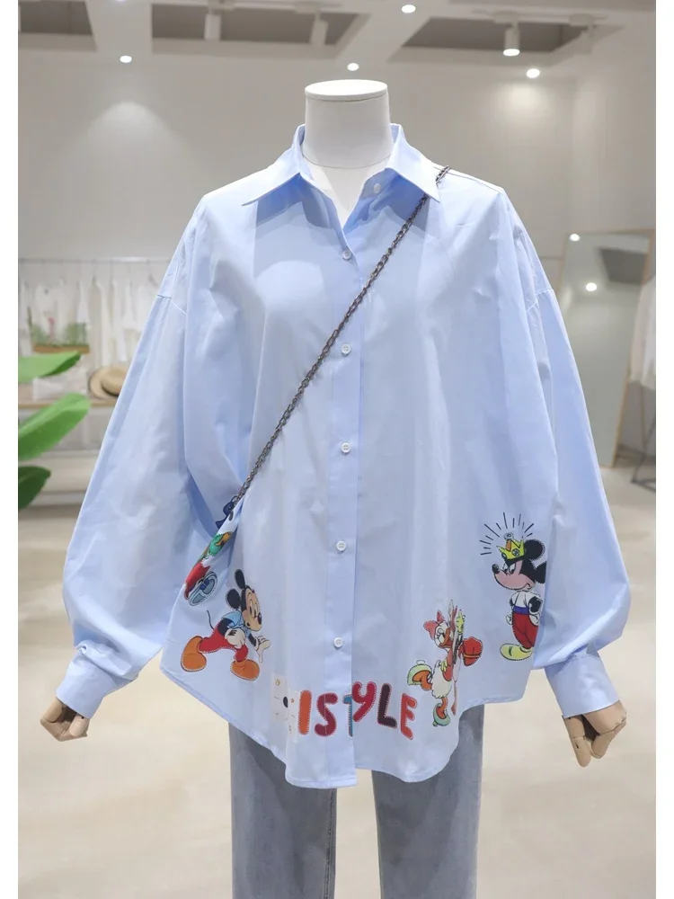 Exquisite Cartoon Print Long-sleeved Shirt 2024 Early Autumn New Loose Versatile Cotton Oversized Womens Tops and Blouses