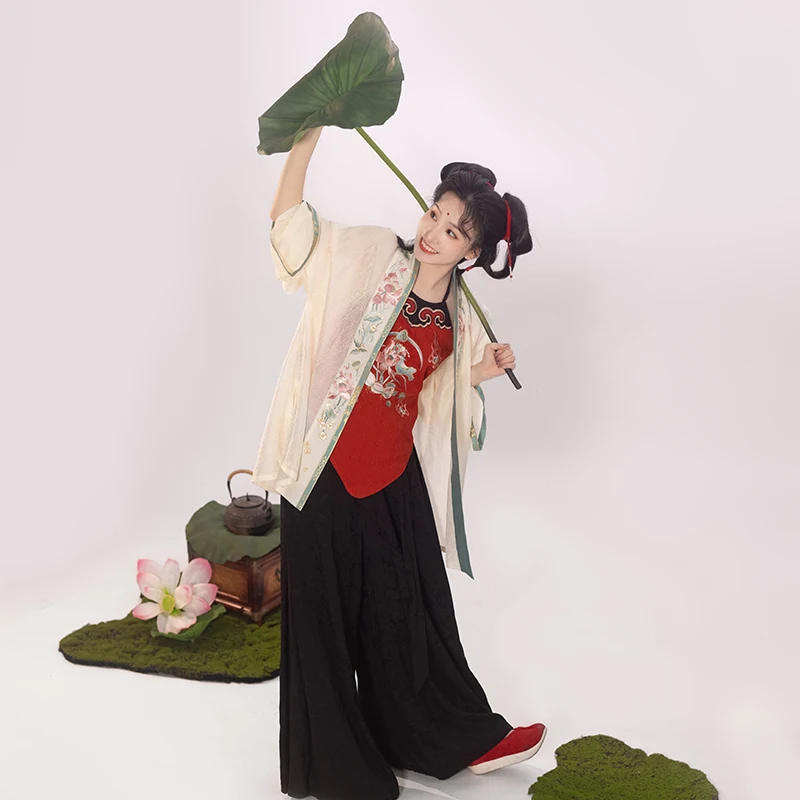 

Оригинальный женский комплект Hanfu ort irt, широкие брюки с воротником на пуговицах спереди, широкий све, прямой воротник, летняя модная одежда