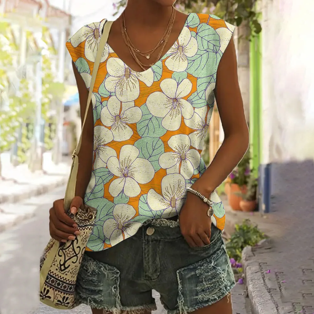 Damska kamizelka z dekoltem w szpic 2024 Summer Retro Flower Art Print Codzienna moda Rozrywka Popularna damska elegancka wygodna kamizelka z
