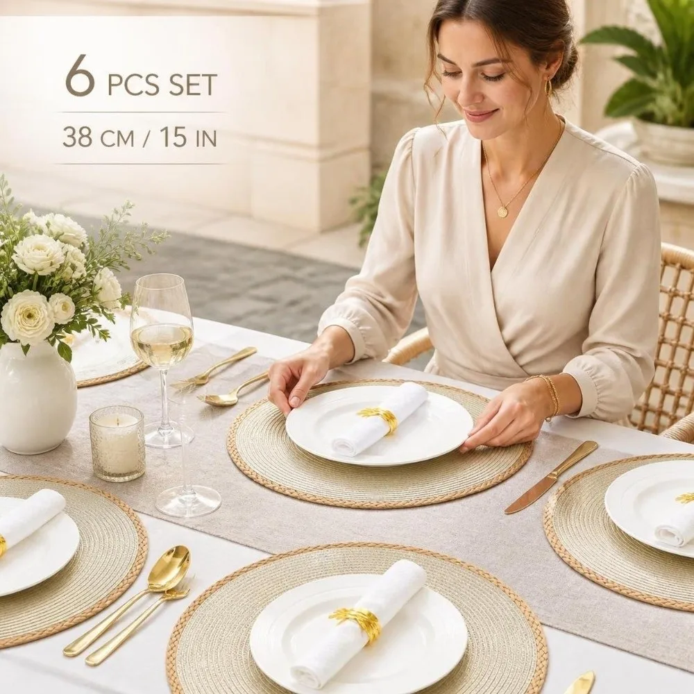 6pcs/set Bohemia Round Woven Placemats Non Slip Heat Resistant Boho Braided Table Mats 15in Washable Woven Dish Mats
