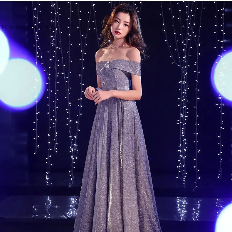 Women Korean Slim Party Starry Fairy Style One Shoulder Evening Dress for Annual Performance Host Sweet Elegant Formal Gown