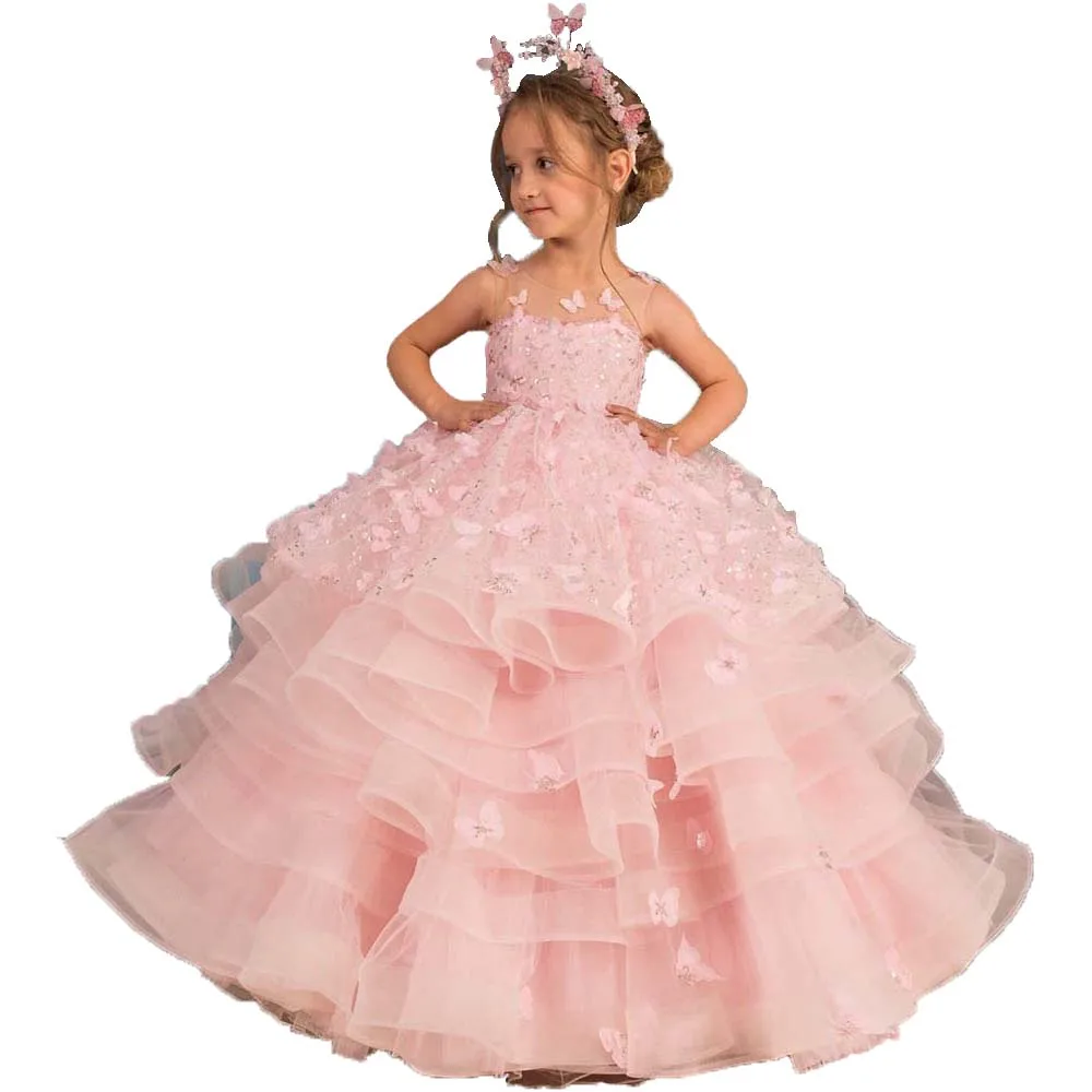 فستان فتاة الزهور الوردي مع فراشة ثلاثية الأبعاد للأطفال من التل المتدرج والترتر والدانتيل فستان الأميرة لحفلات أعياد الميلاد مخصص