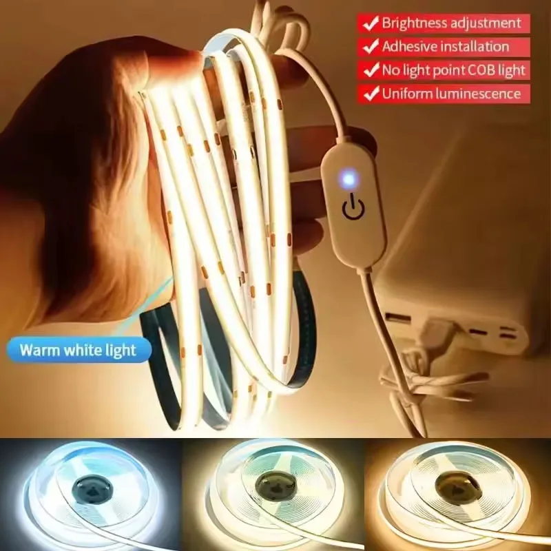 

1m/3m/5m 5V COB Strip Lights Touch Dimmer Flexible Diode USB LED Tape Ribbon for Garage TV Mirror PC Backlight Wall Decor Light