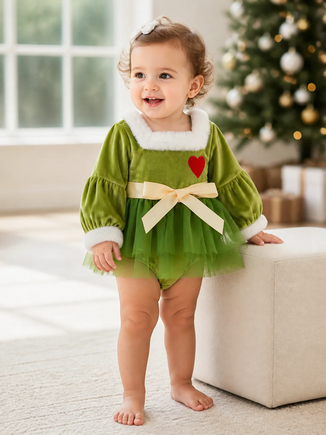 Baby Girl Christmas Costume Romper Dress Velvet Long Sleeve Tulle Tutu Bodysuit Bow Heart Newborn Xmas Outfit for Infant Girls