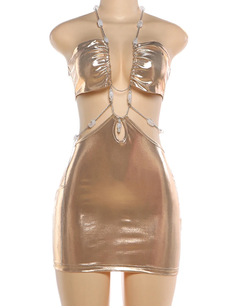 キュートニュー シルクのような背中見せドレス レディース セクシー パールチェーン ホルターネック ウエストレス シック 誕生日パーティー セクシーなピーチヒップ バケーション ボディコン