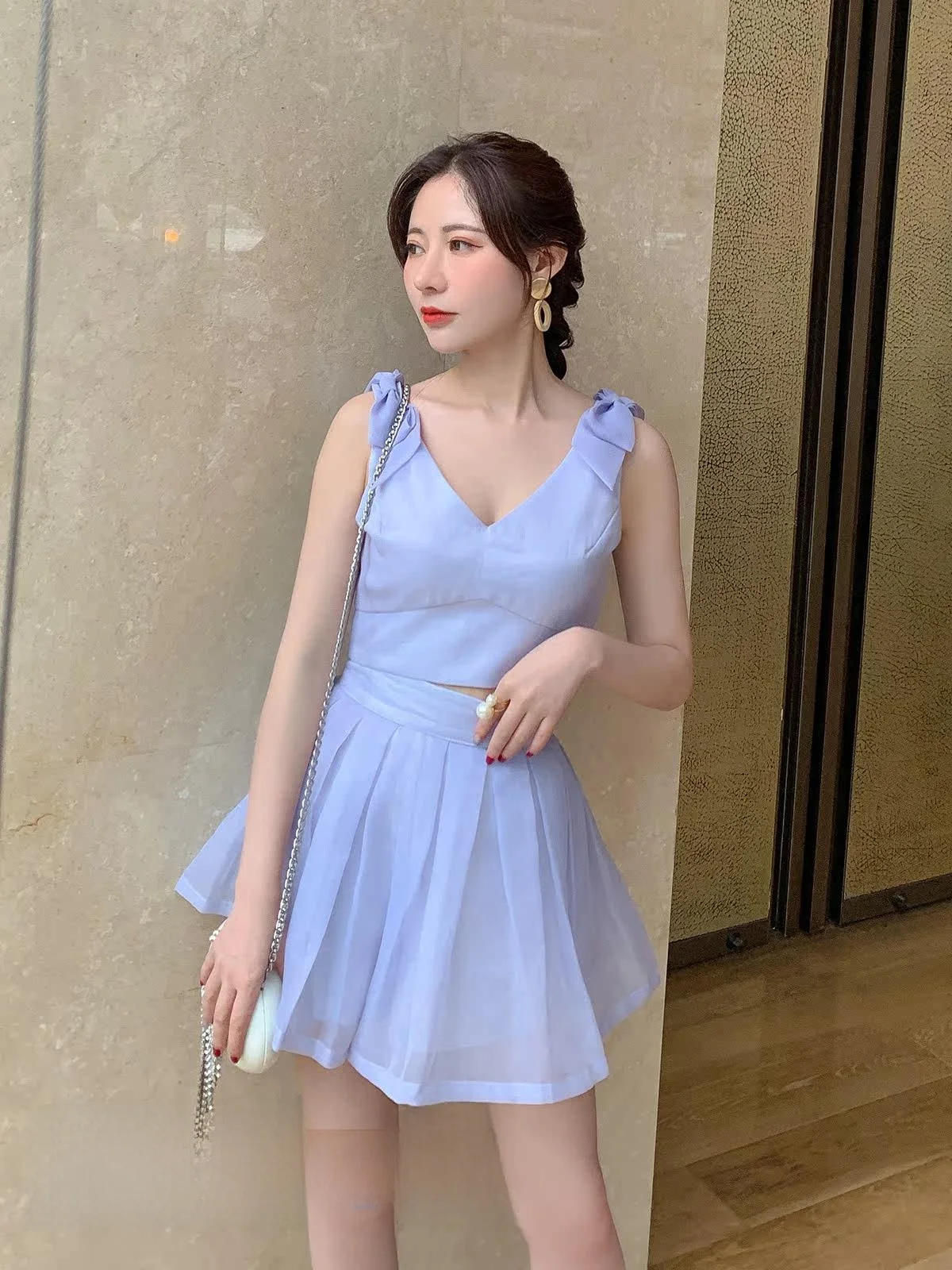 

Ice Ice Came Knot V-neck High Waist Women's Fashionable Two-piece Set Early Autumn 2019 New Style Elegant Atmosphere