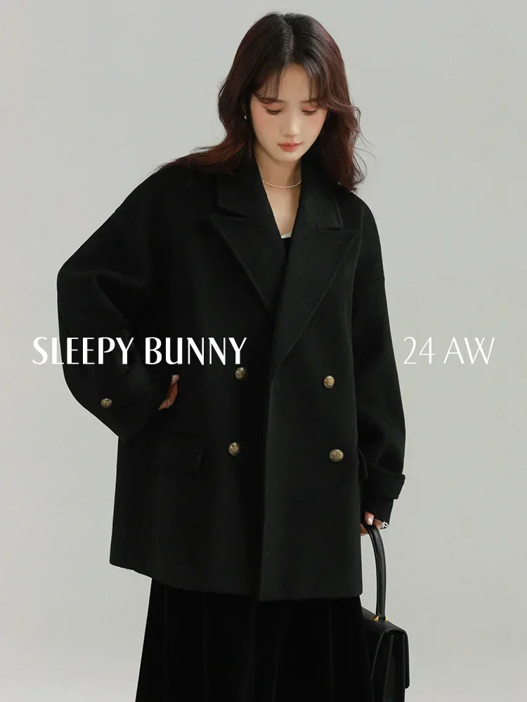 Winter Women Black Wool-like Blazer Coat Short Loose Fit Pea Coat Elegant Warm Outerwear for Petite Frames Chic and Versatile