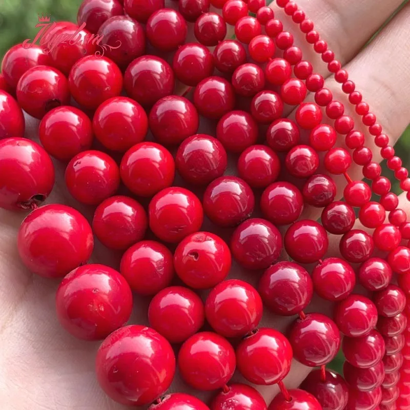 Natural Red Coral Smooth Round Stone Beads Loose For DIY Necklace Bracelets Jewelry Making Strand 15