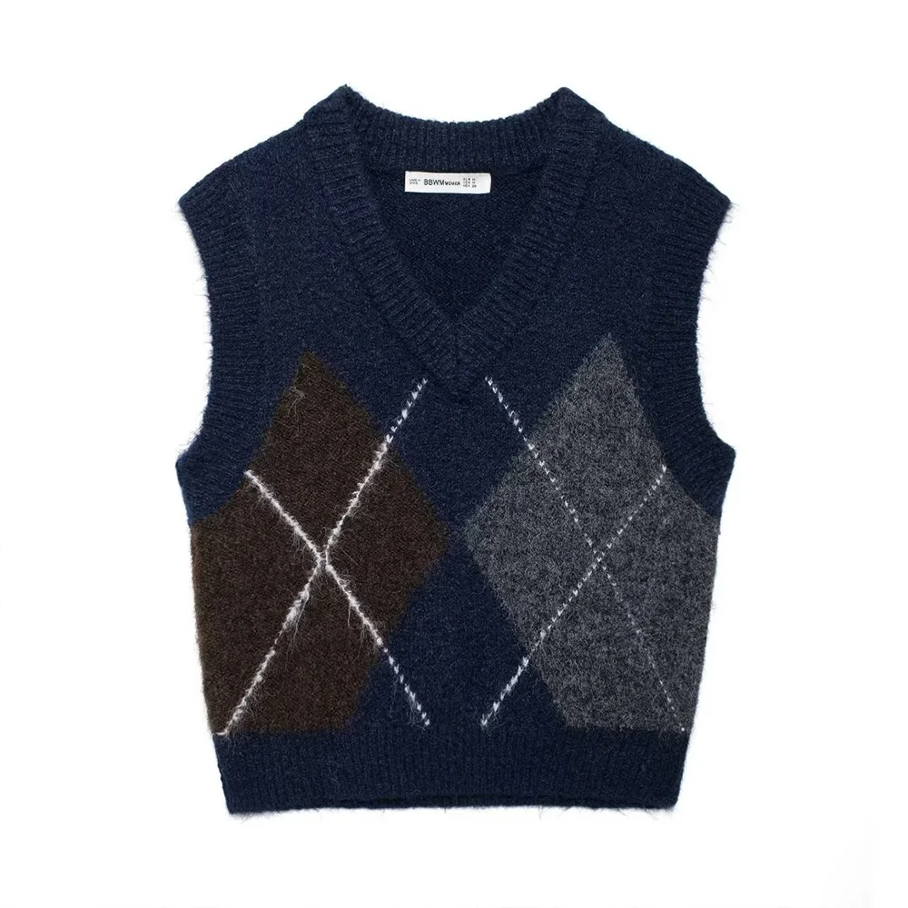 INS Fashion Preppy Style Navy Blue V Neck Sleeveless Splicing Color Casual Argyle Short Women Knit Vest Top ZATAF 2024 Nowość