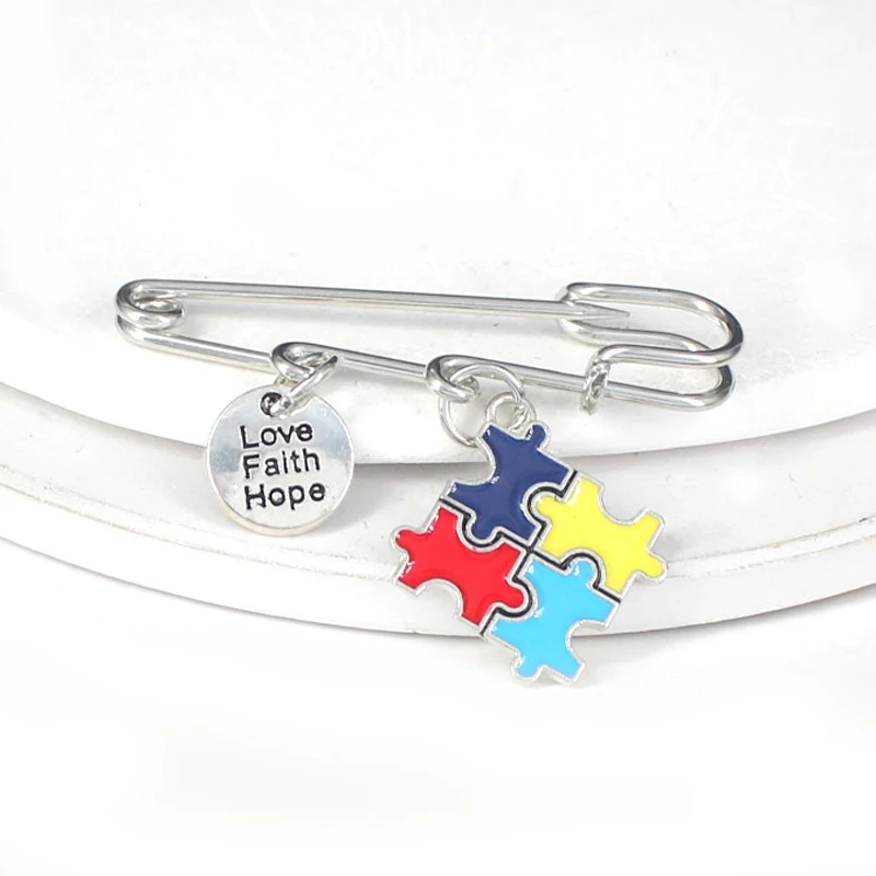 New Arrival Awareness Pin Puzzle Piece Ribbon Autism Pin Brooch Safety Pins Clothes Jewelry Accessroies