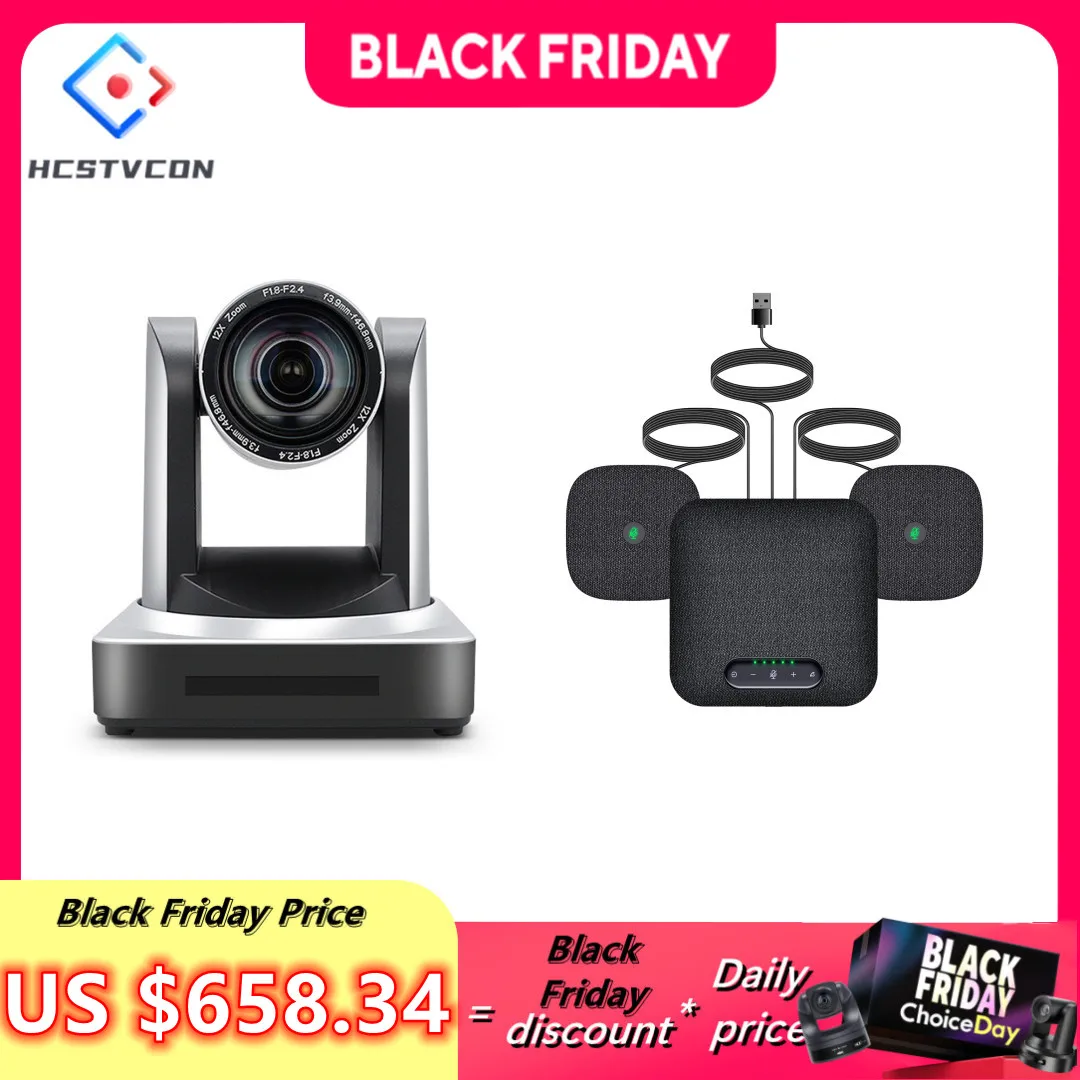 

HCSTVCON Video conference system set 20X 1080P HDMI SDI LAN with Speakerphone 4 AI Mics with 2 Expansion Mics 360°Voice Pickup