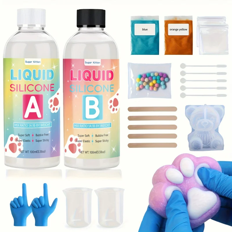 

100Mla + 100MlbLiquid Silicone，forTabaKneading Playdough，Super Soft Kneadable ClayDIYGel Kit，1:1 ABProportional Resin Silicone，U