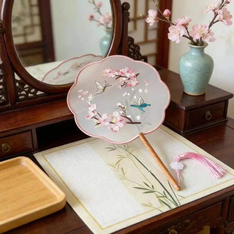 Vintage Silk Round Fan Exquisite Flower Embroidery Traditional Chinese Tuanshan Hanfu Dance Accessory