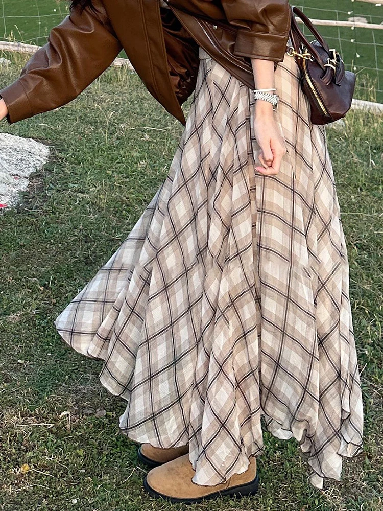 

2025 New Summer Women's Plaid A-Line Skirt High Waist Loose Fit Thin Faionable Ele Lady's f-length Skirt Commute
