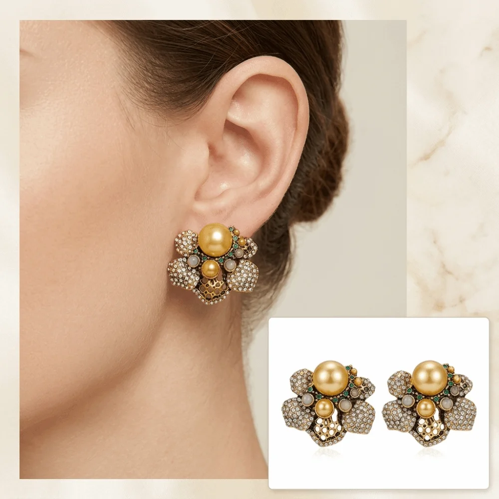 1 Pair Silver-Tone Flower Pearl Earring Pearl Embellishment Flower Shape Vintage Stud Earring Rhinestone Embellishment Stud Post