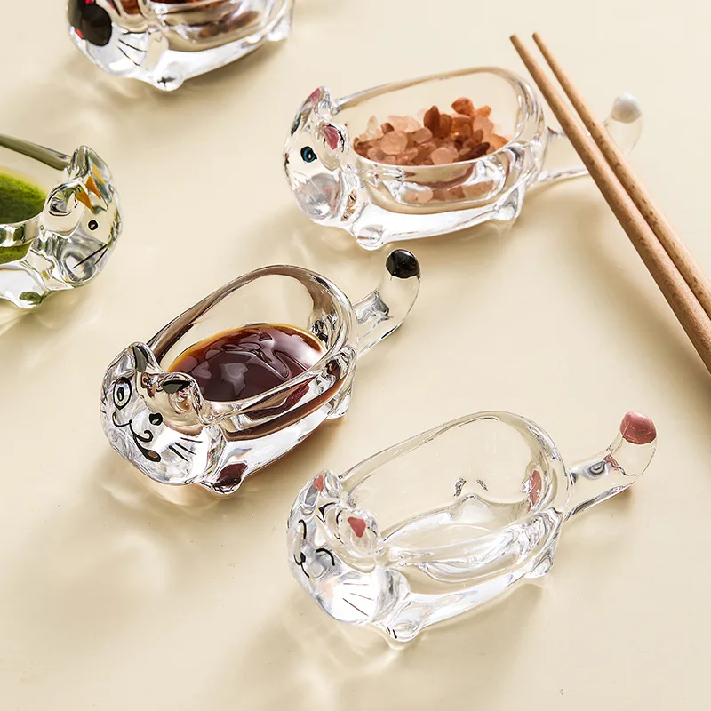 Cute Cat Glass Creative Seasoning Dish For Vinegar Soy Sauce Household Snack Plate Multifunctional Chopstick Rest Table Decor
