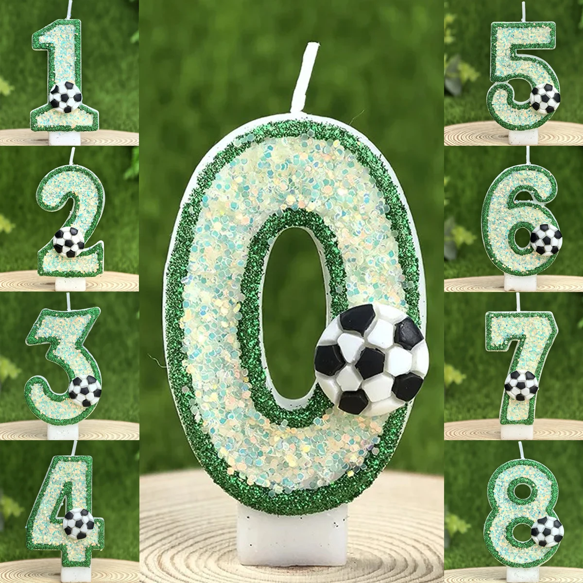 Bougies numérotées 0-9 vertes en forme de ballon de football, ensemble de combinaison libre, décoration haut de gamme pour gâteau d'anniversaire