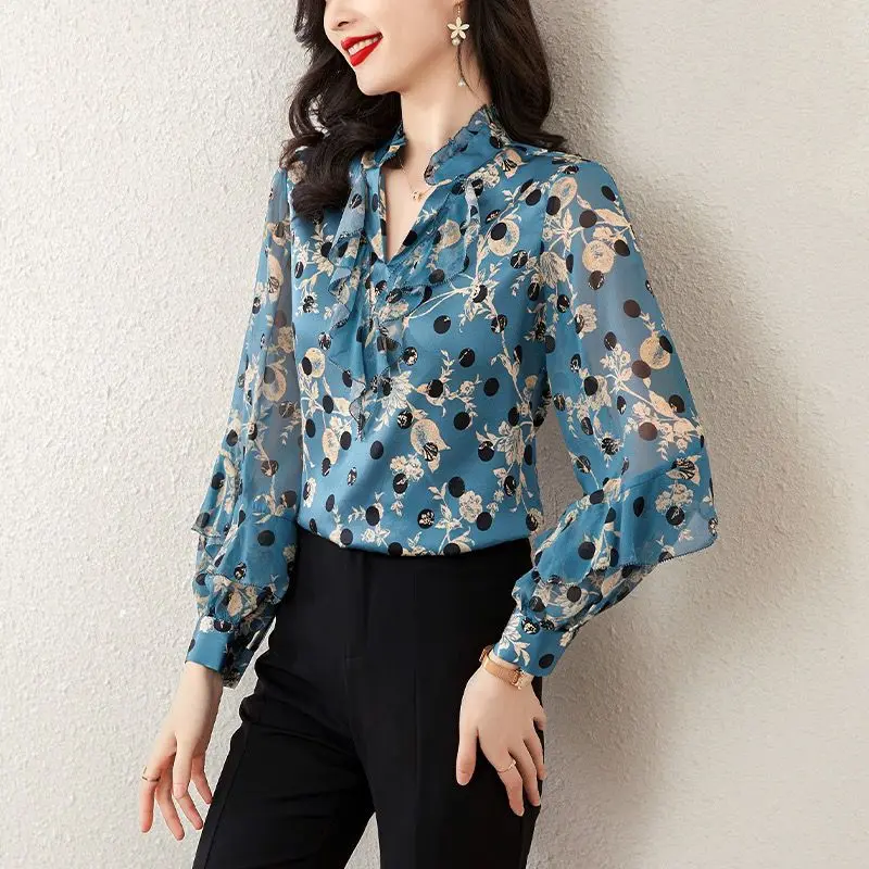 Commute Vintage Printed Polka Dot Blouse Stylish Ruffles Spliced Women\'s Clothing Elegant V-Neck Spring Long Sleeve Shirt 2023