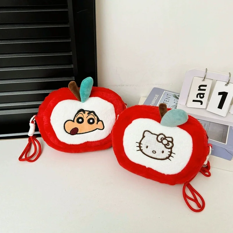 Crayon Shin-Chan Fluffy Apple Crossbody Bag Cute Cartoon Plush Coin Purse Shoulder Cell Phone Bag Outing Storage Bag Itabag Gift