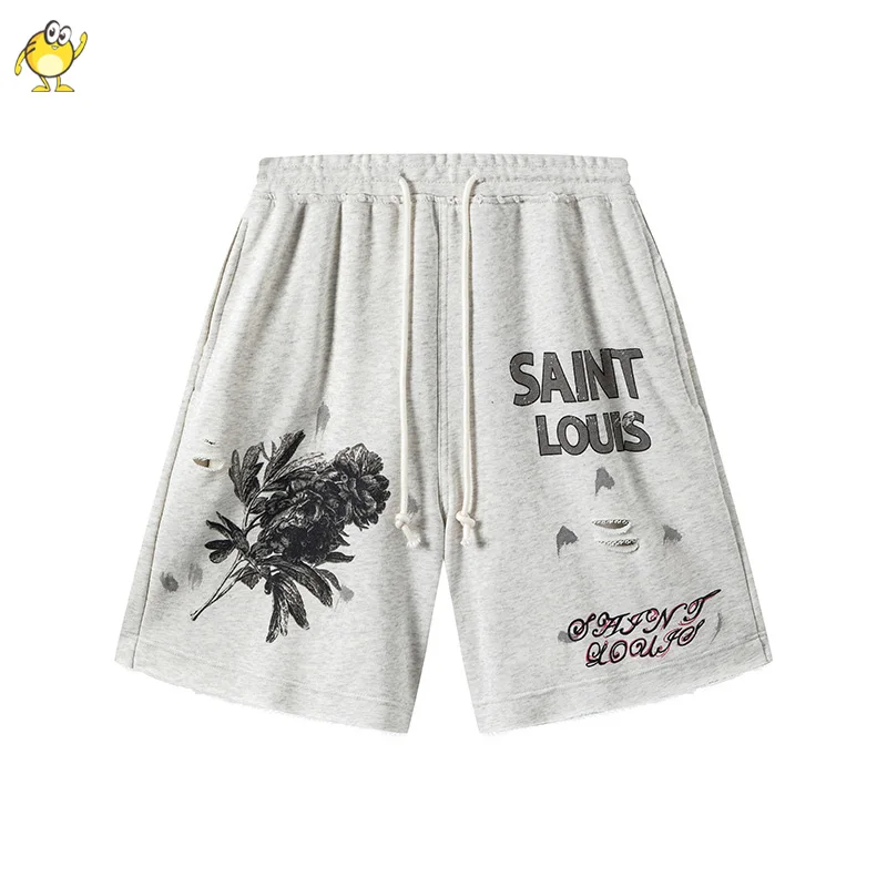 

Hip Hop Washed Do Old Damaged Graffiti Saint Louis Shorts Men Woman 1:1 Vintage Cotton Casual Drawstring Joggers Breeches