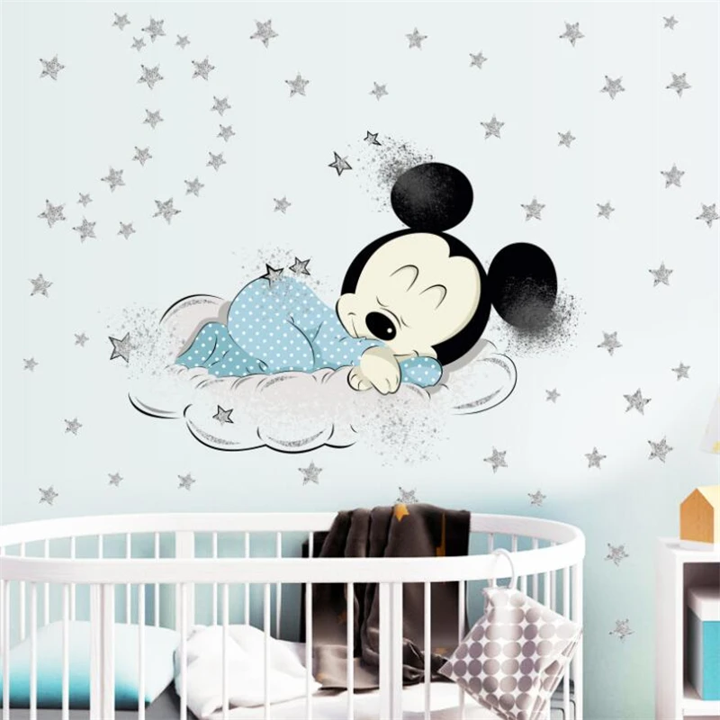 Cartoon Disney Mickey Mouse Minnie Baby Sleep Wall Sticker For Kids Room Decoration Wallpaper Cute Self-Adhesive DIY Mural Decal