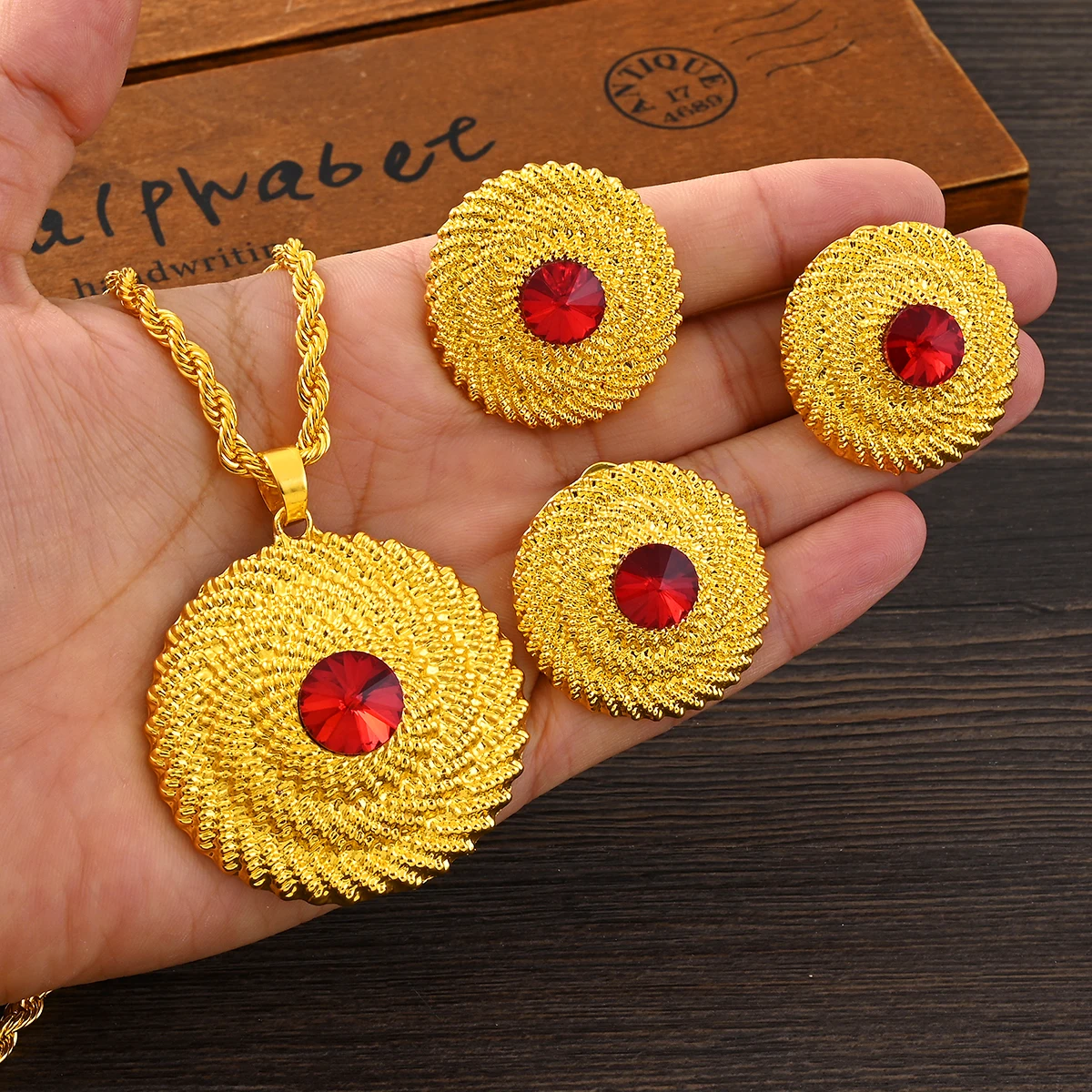

Gold Color Round Red CZ Earrings/Pendant/Ring Jewelry Sets Africa Bride Wedding Eritrea Habesha Gifts
