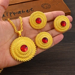 Gold Color Round Red CZ Earrings/Pendant/Ring Jewelry Sets Africa Bride Wedding Eritrea Habesha Gifts