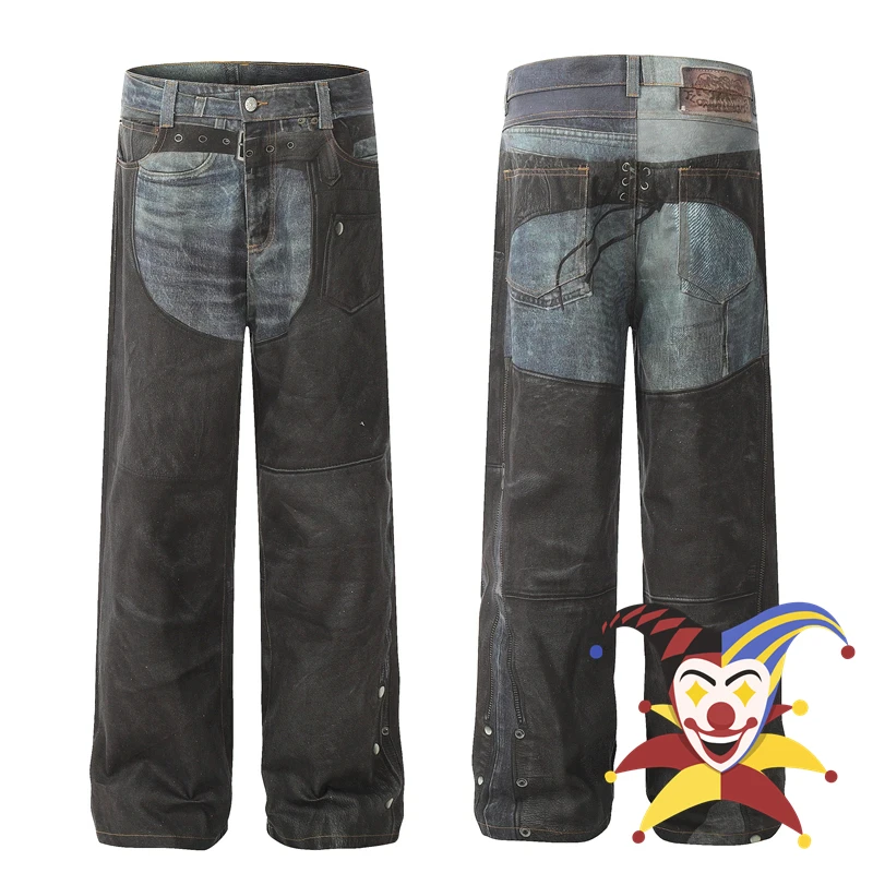 Retro Distressed Patchwork Blauw & Zwart Bedrukte Riem Broek Mannen Vrouwen Joggingbroek