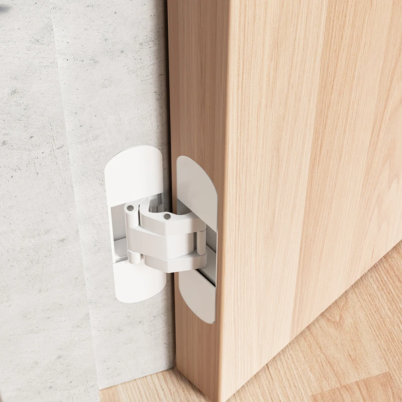 

white three-dimensional hinge, external cross hinge, concealed wooden door, ecological hidden, adjustable 180 degrees