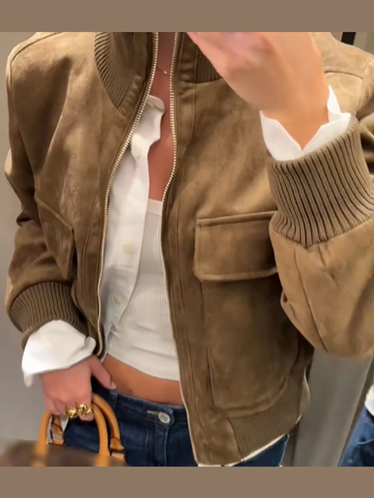 Schicke Jacke aus Kunstwildleder mit geripptem Bündchen für Damen, Retro-Stehkragen, Taschen, Reißverschluss, elastische Taille, Herbst-Alltags-Streetwear 2026 – Detail 12