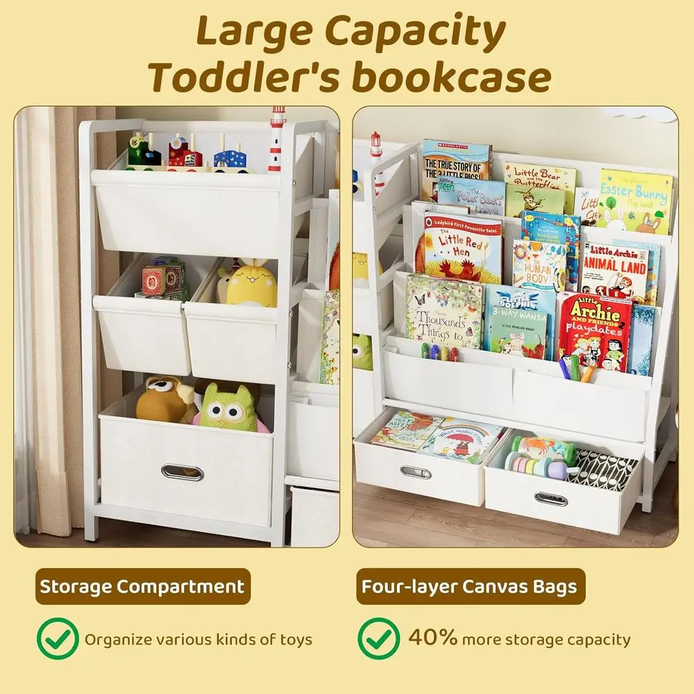 3 Tier Kids Bookshelf and Toy Storage - Sling Book Shelf with Toy Organizer, Montessori Toddler Bookcase with 6 Toy Bins, for Pl