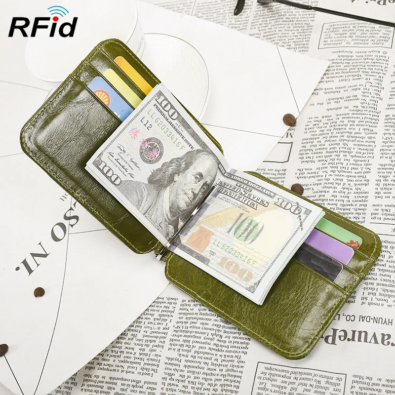 Anti-theft Brush Leather Men's Money Clip Retro Oil Wax Business Wallet Multi-card Slot Anti-magnetic Large Capacity Card Holder