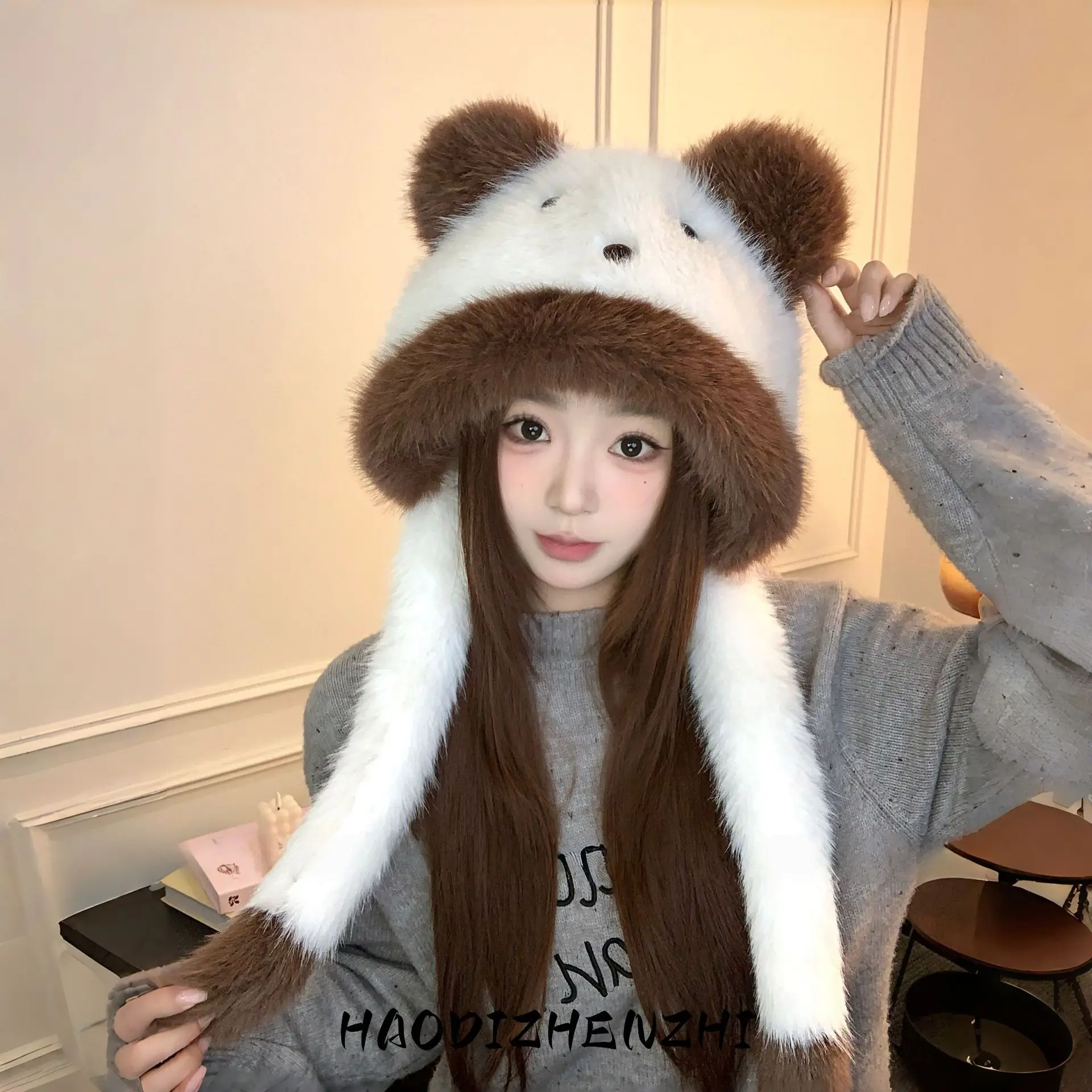 Women's Cute Bear Ear Plush Hat with Attached Scarf, Warm Winter Earflap Hat, Brown and White
