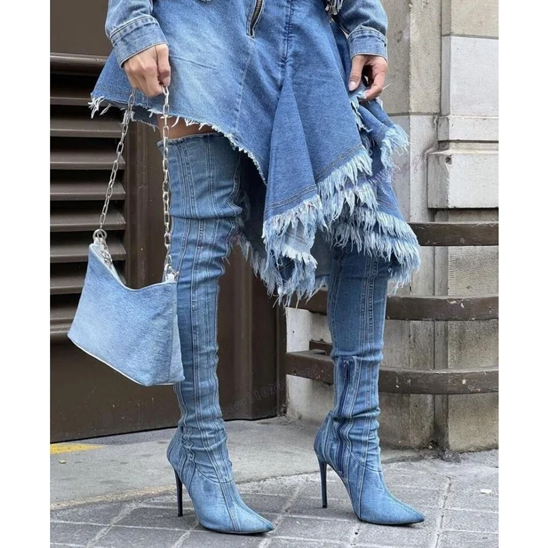 Stivali sopra il ginocchio in Denim blu scarpe a punta per le donne calzini sottili con tacco alto stivali scarpe da donna Sexy 2023 Zapatos Para