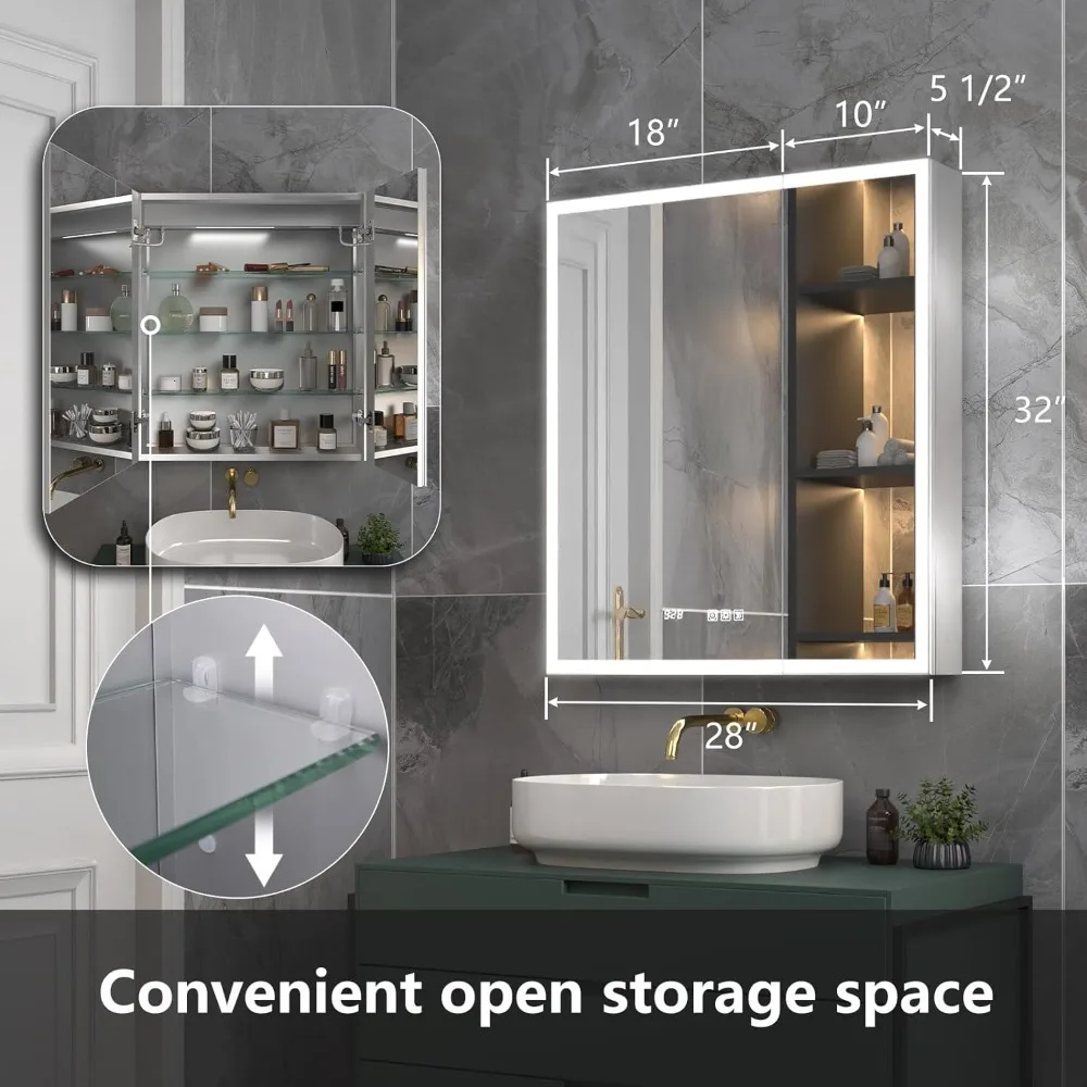 Lighted Medicine Cabinet 28x32 Inch,Recessed or Surface led Medicine Cabinet, Clock&Room Temp Display