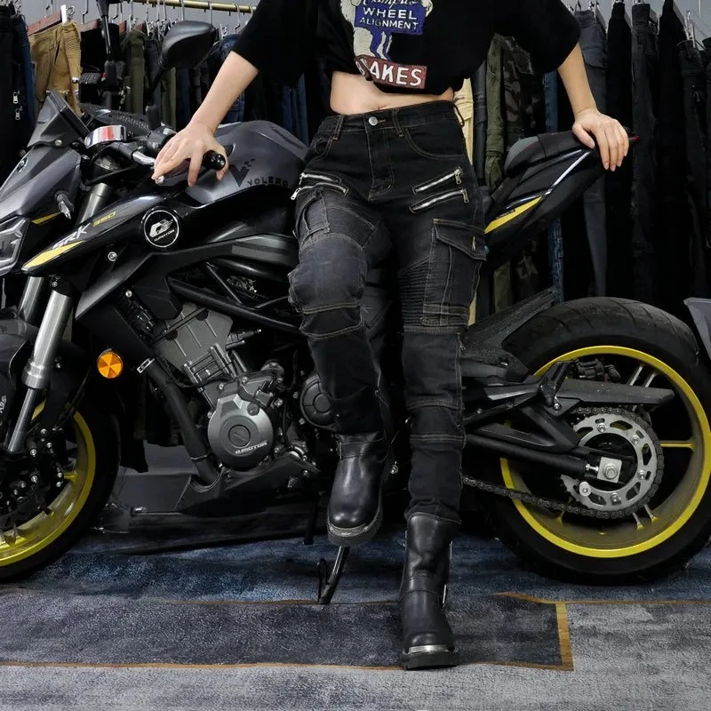 

2026 Fashion New Double Zipper Metal Style Motocross Moto Trousers Woman Outdoor Riding Jeans With Protective Gear Motorcycle