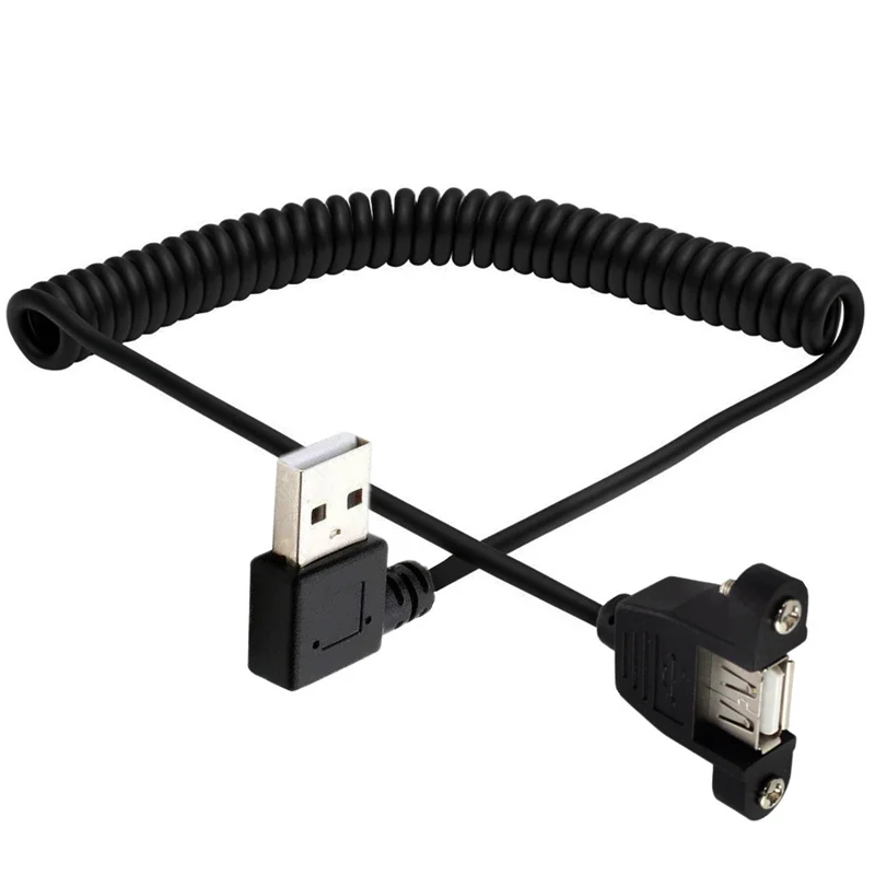 USB 2.0 A Female Panel Mount to Up & Down & Left & Right Angled A Male Extension Coiled Spiral Cable