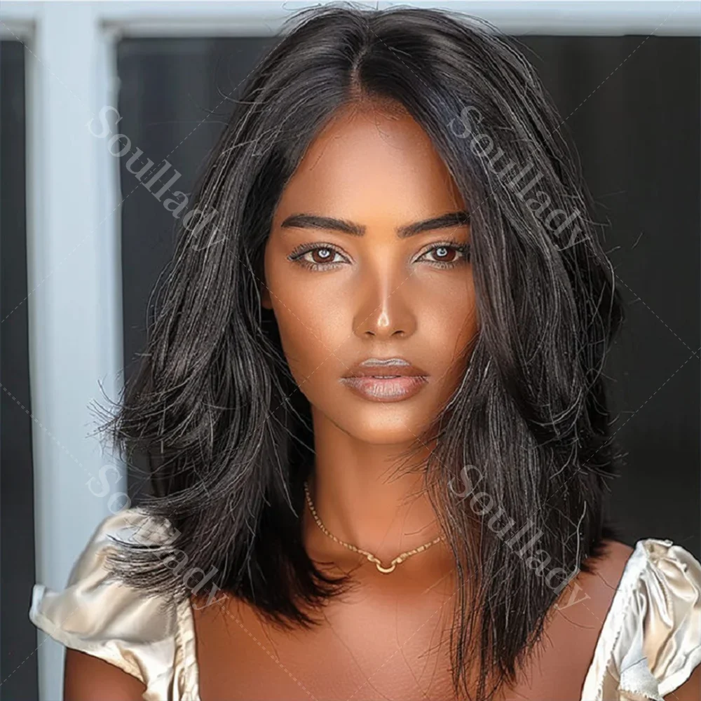

Soul Lady Full Lace Wigs Silky Straight Lob Dark Salt & Pepper Human Hair Bob Part Anywhere High Breathable Cap Wig