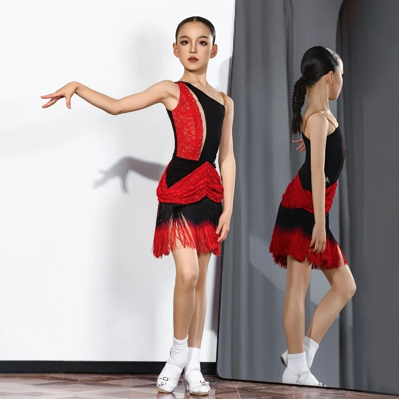 Fashion Girls Latin Dance Performance Costumes Kids Chacha Samba Latin Dance Clothing Red Black Top Fringed Skirts DQS20030