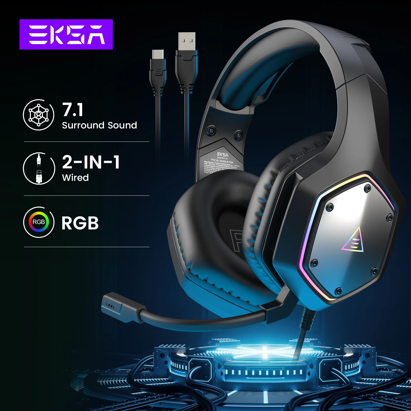 EKSA E1000 V2 RGB Gaming Headphones 7.1 USB/Type C Wired Headset Gamer with Noise Cancelling Microphone for PC/PS4/PS5/Switch