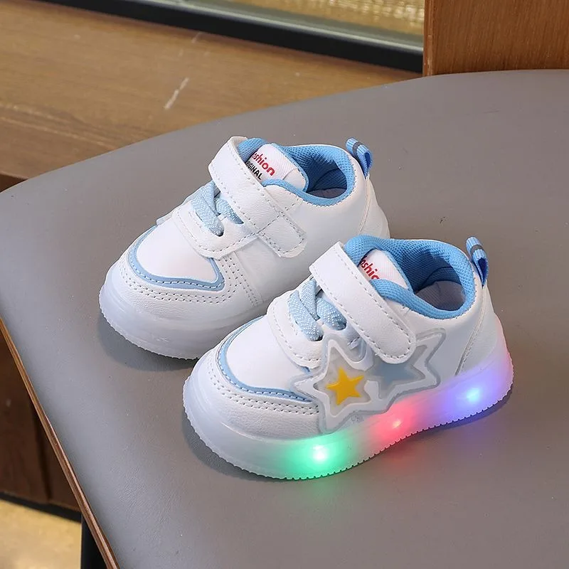 0-1 Year Old Baby Boy Girl Light Up Soft Sole First Walking Shoes Toddler Non Slip White Sneakers for Spring Autumn
