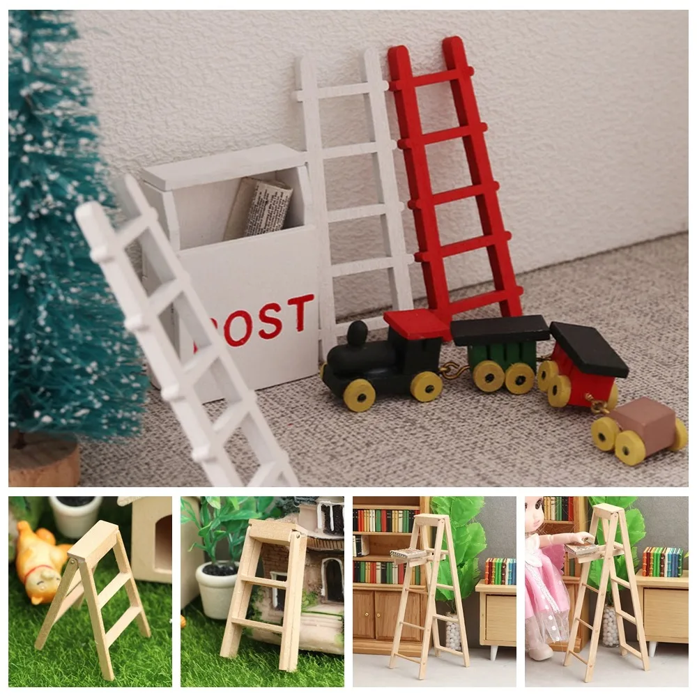 Miniature Model Wooden Ladder Dollhouse Wooden Dollhouse DIY Dollhouse Mini Ladder Cute Red White Creative Figurine Stairs Girl