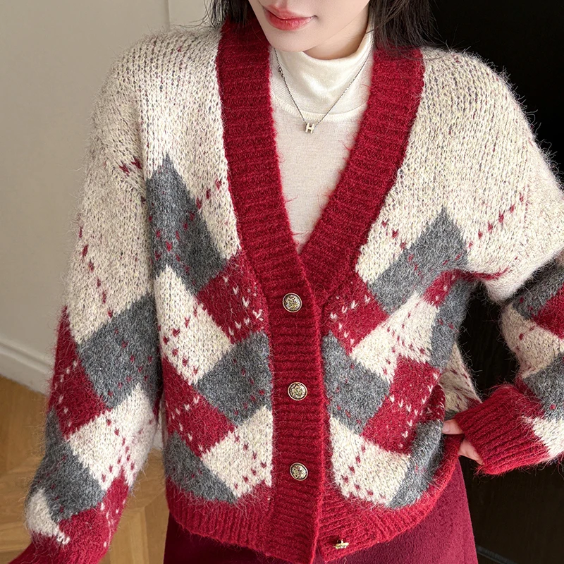 

RAIN YAN LIN ретро цветной шерстяной вязаный кардиган женский весенне-осенний однобортный свободный свитер с v-образным вырезом повседневные топы