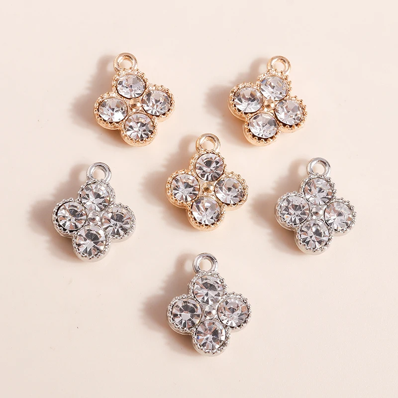 10pcs Fashion Crystal Clover Flowers Charms Pendants for Jewelry Making Gold Color Charms for Necklaces Earrings Accessories