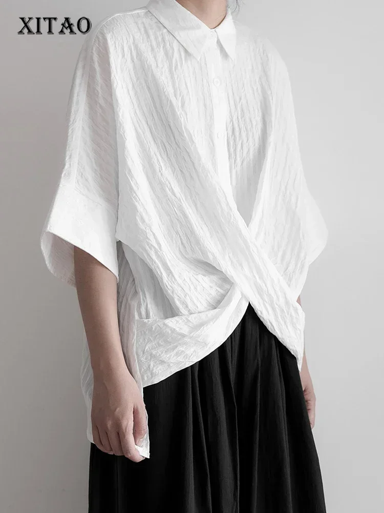 

XITAO Solid Striped Shirt Loose Fashion Cross Splicing Top 2023 Autumn New Casual Women Simplicity Half Sleeve Shirt HQQ1046