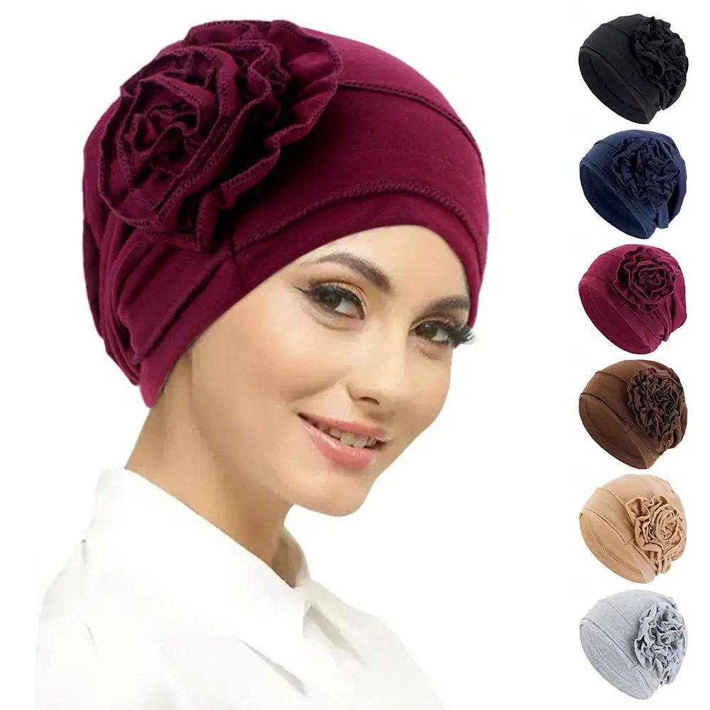 

Fashion Flower Design Turban Flower Caps Elastic Soft Beanie Cancer Headwear Chemo Hair Loss Caps for Women