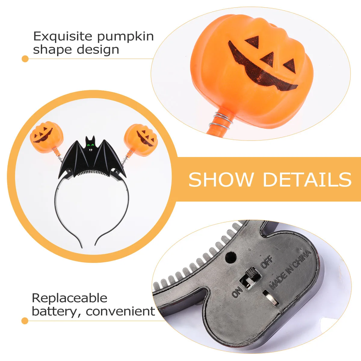 

3 Pcs Lighted Headband Halloween Hairband Glow Pumpkin Bat Orange Party Supplies Miss